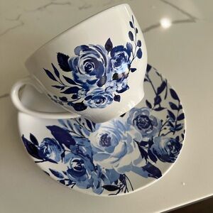 Floral Blue and White Teacup and Saucer Set